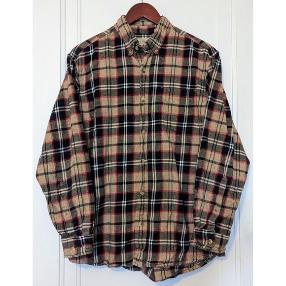 Redhead Mens Large Long Sleeve Flannel Shirt Tan Black Red Plaid Button Up - Picture 1 of 3